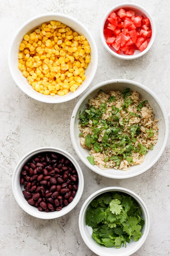 ingredients for a sofritas burrito bowl