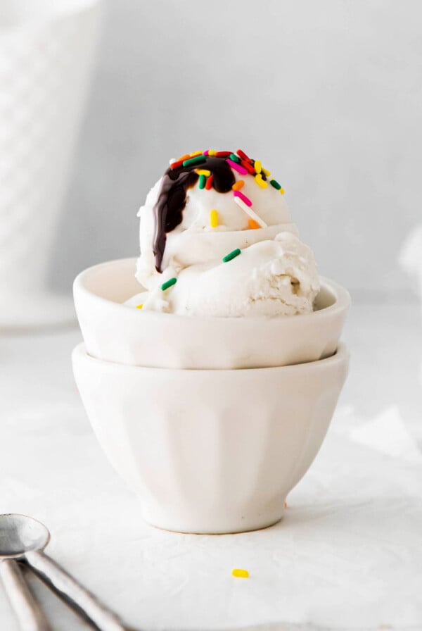 Vegan Ice Cream topped with sprinkles and chocolate fudge